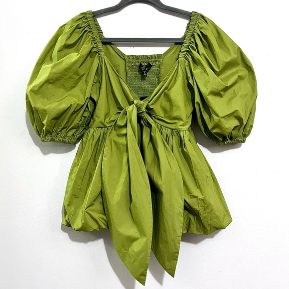 NWT Toccin Front-Tie Bubble Hem Poplin Blouse in Cactus Green MSRP$265 - Picture 2 of 16